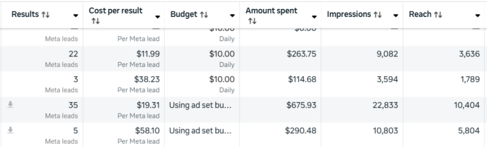 Meta Ads results showing 22 leads at $11.99 and 35 leads at $19.31 per lead