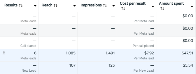Meta Ads results showing 6 leads at $7.92 per lead